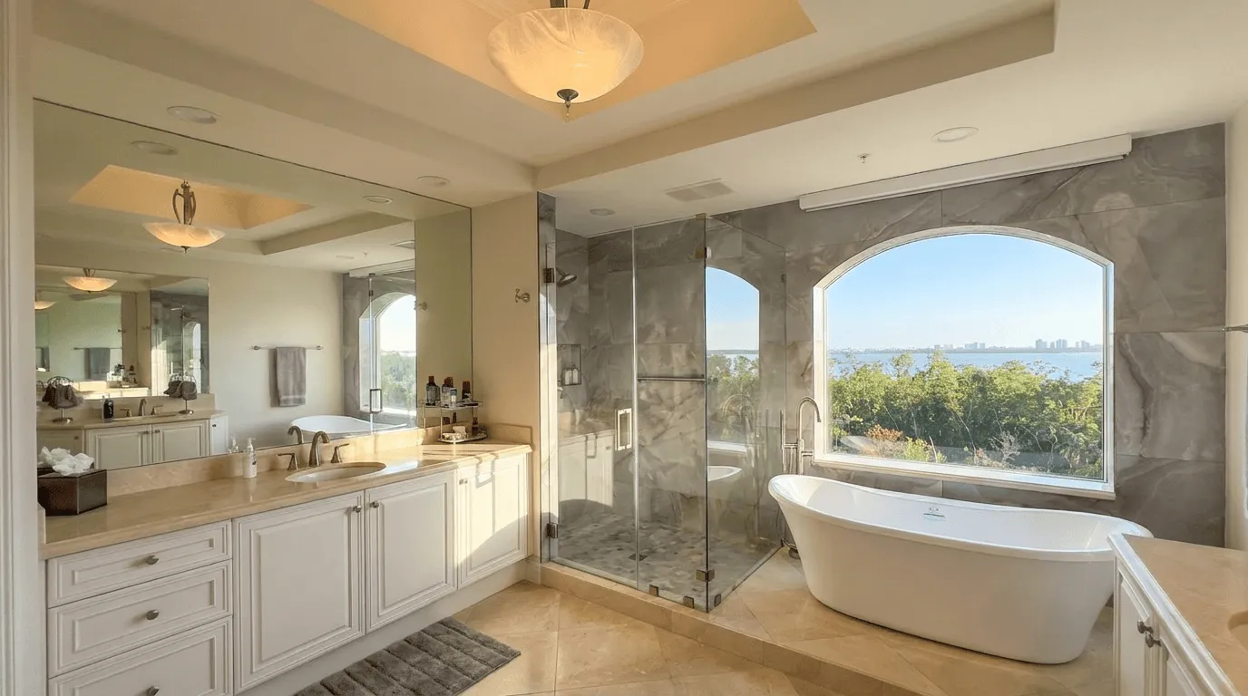 Master bathroom with freestanding tub and glass shower