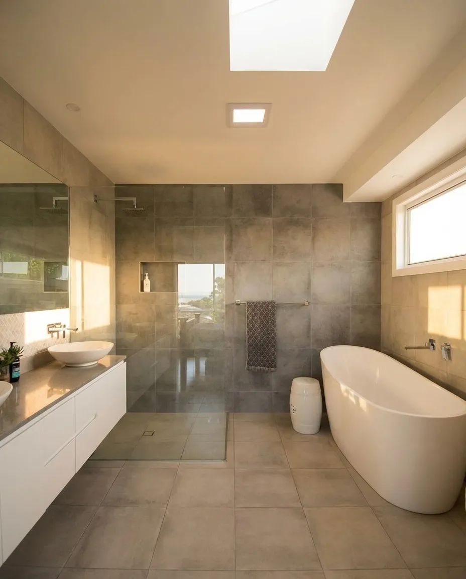Modern bathroom with freestanding tub and walk-in shower