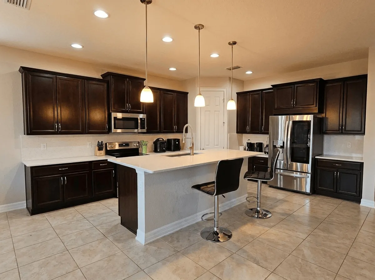 Kitchen remodel with dark cabinets and white island
