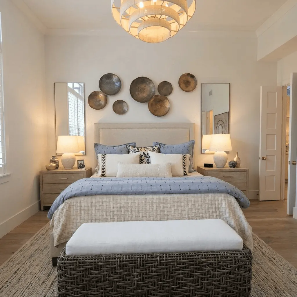 Renovated bedroom with soft coastal finishes