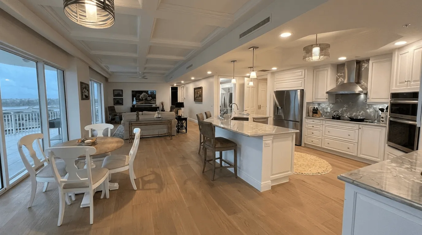 Open-concept kitchen and dining area with wood floors