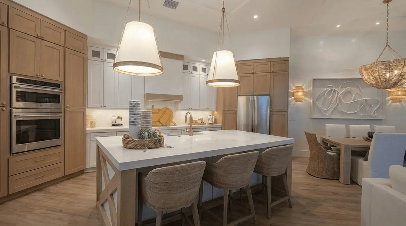 Bright kitchen with wood cabinets and pendant lights