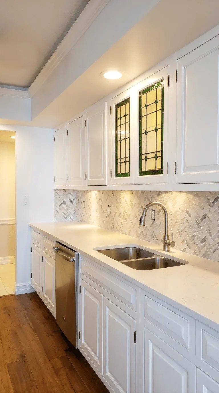 Kitchen with stained-glass cabinets and herringbone backsplash