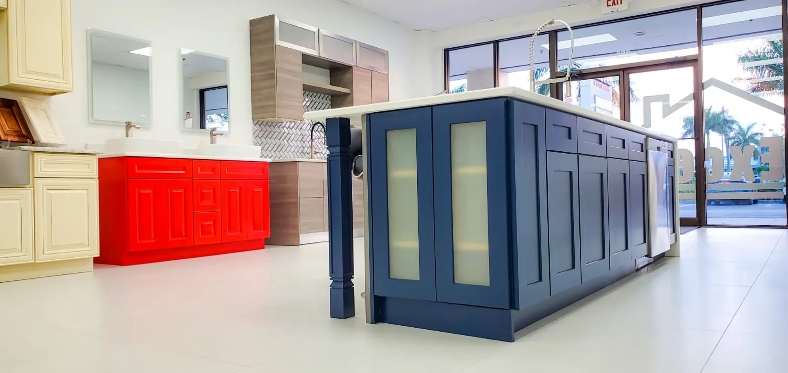 Custom cabinetry in red and navy blue