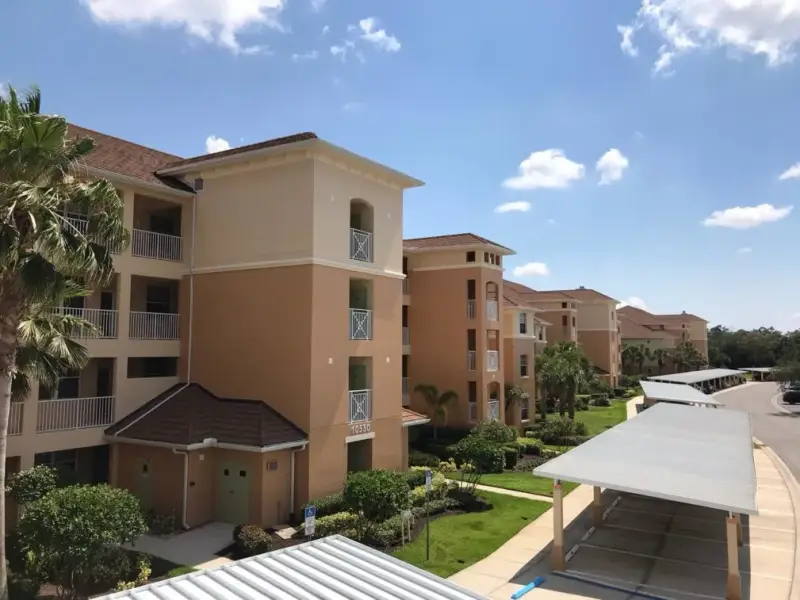 Multi-story condominium building after exterior painting